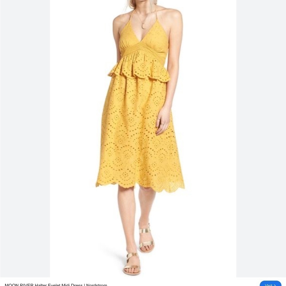 Moon River Golden Yellow V-Neck Eyelet Lace Halter Peplum Midi Dress Size Small